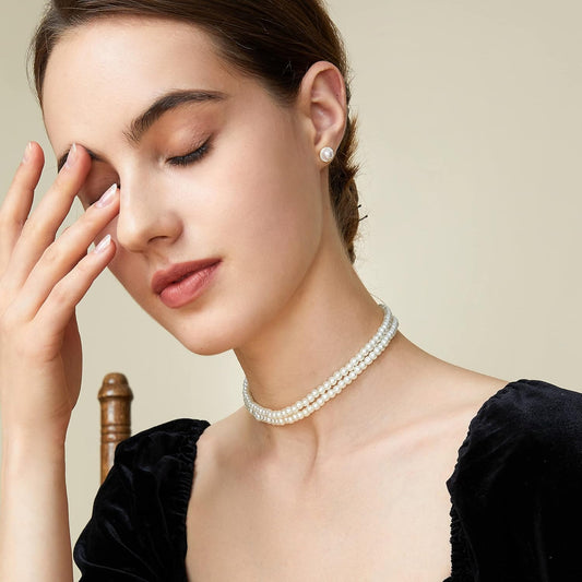 Round Imitation Pearl Choker Necklace Multi Strands Choker 20s Flapper Necklace Accessories for Gatsby Themed Party