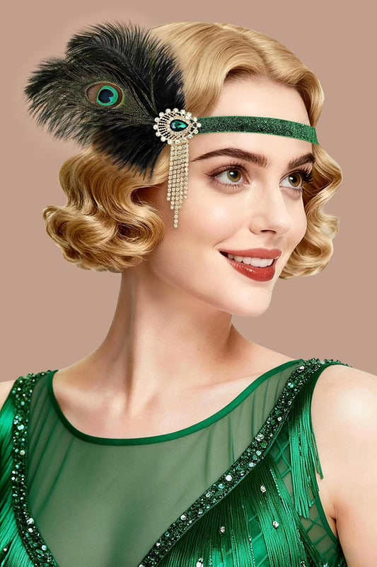 1920s Flapper Headband for Women, Peacock Feather Rhinestone Gatsby Headpiece, Vintage Great Gatsby Costume Accessory, Green
