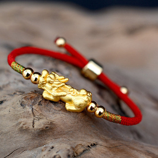 Ancient Tibetan Buddhist Red String Tradition  24K Gold-Plated PiXiu Luck Red String Bracelet