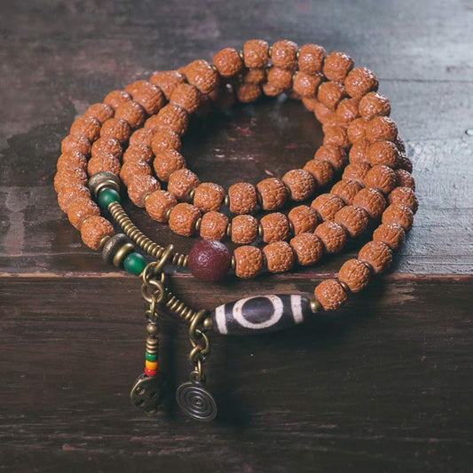 Spirituality Buddha Karma 108 Mala Rudraksha Beads Bodhi Seed Dzi Bead Luck Auspiciousness Tassel Bracelet