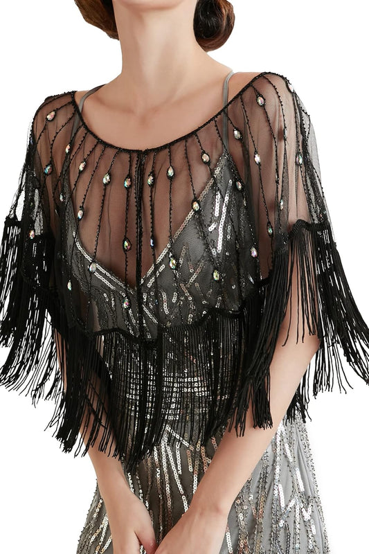 Sequin Beaded Shawl Wrap 1920s Evening Cape Shawl Gatsby for Evening Dresses Wedding Party