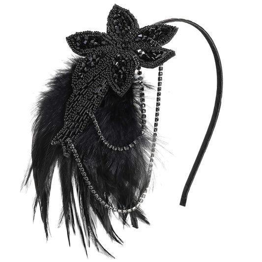 1920s Flapper Headband Feather Beaded Headpiece Roaring 20s Great Gatsby Hair Accessory for Party (Black)