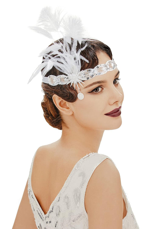 1920s Flapper Headband - Feather Headpiece for Women - Roaring 20s Great Gatsby Hair Accessory