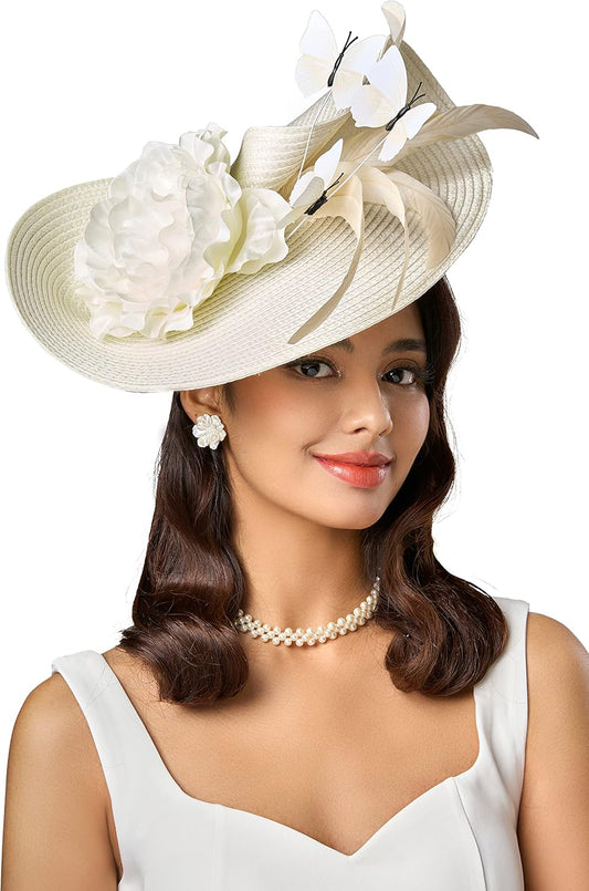Tea Party Fascinator Hat for Women Kentucky Headwear Derby Wide Brim Butterfly Church Hat for Cocktail Wedding