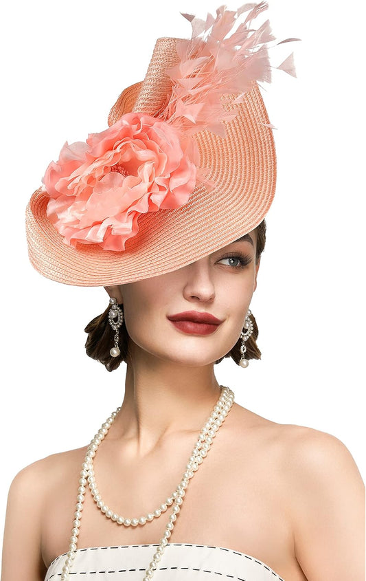 Tea Party Fascinator Hat for Women Kentucky Headwear Feather Derby Pillbox Wide Church Hat for Cocktail Wedding