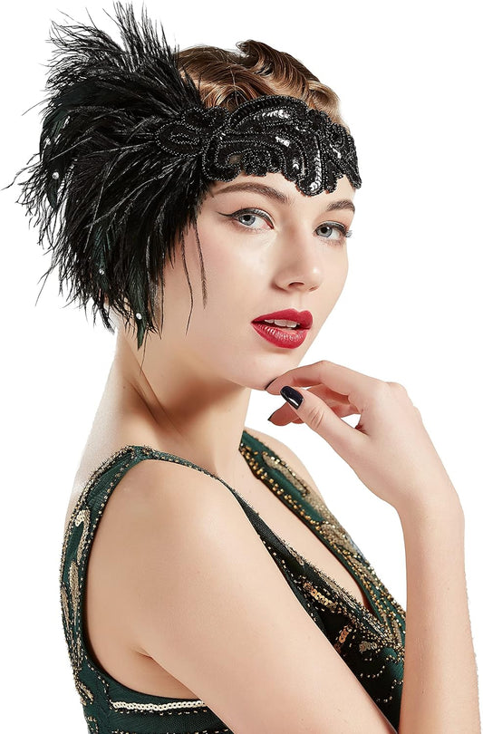 1920s Flapper Headband Black Feather Headpiece 20s Gatsby Accessory