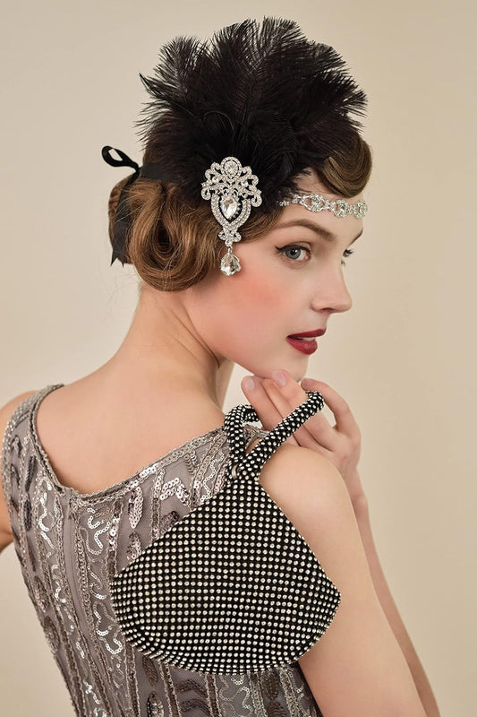 Women's Ostrish Feather Crystal Teal Headband Wedding Bridal Feather Headband Flapper Headpiece 1920s