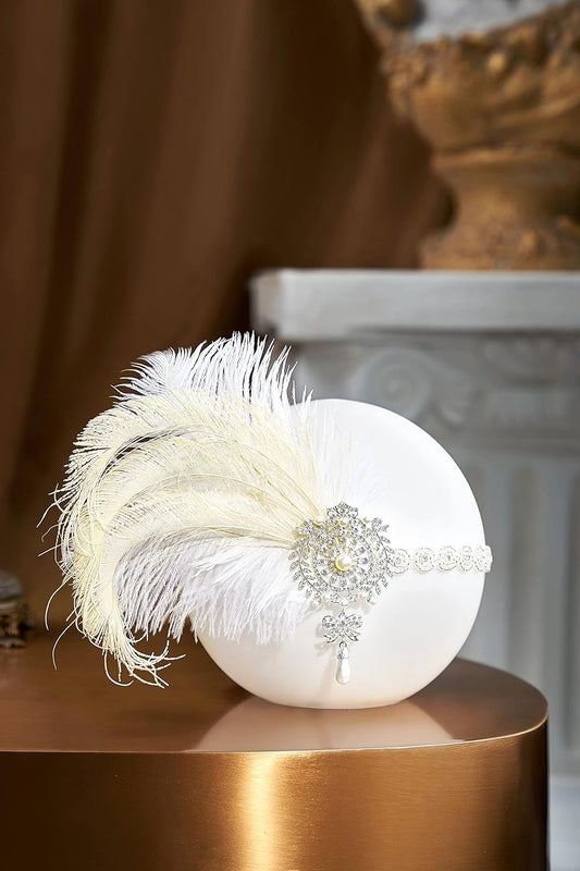 1920s Flapper Headband Vintage Wedding Feather Headpiece 20s Great Gatsby Hair Accessories with Pearl