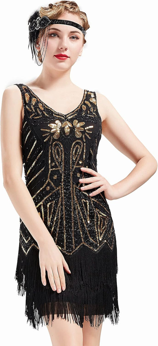 Women's Flapper Dresses 1920s V Neck Beaded Fringed Great Gatsby Dress