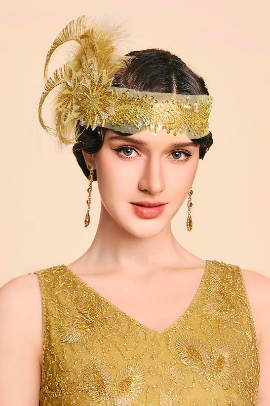 1920s Feather Flapper Headpiece – Gatsby Beaded Sequin Headband Roaring 20s Accessories for Women(Gold)