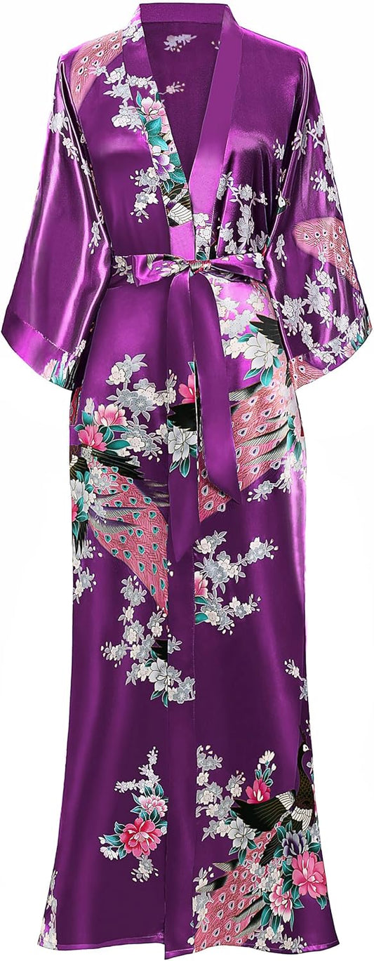 Women's Kimono Robe Long Satin Robes with Peacock and Blossoms Printed Kimono Nightgown