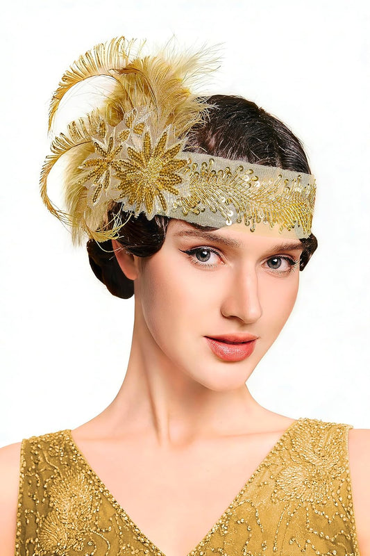 1920s Feather Flapper Headpiece – Gatsby Beaded Sequin Headband Roaring 20s Accessories for Women(Gold)