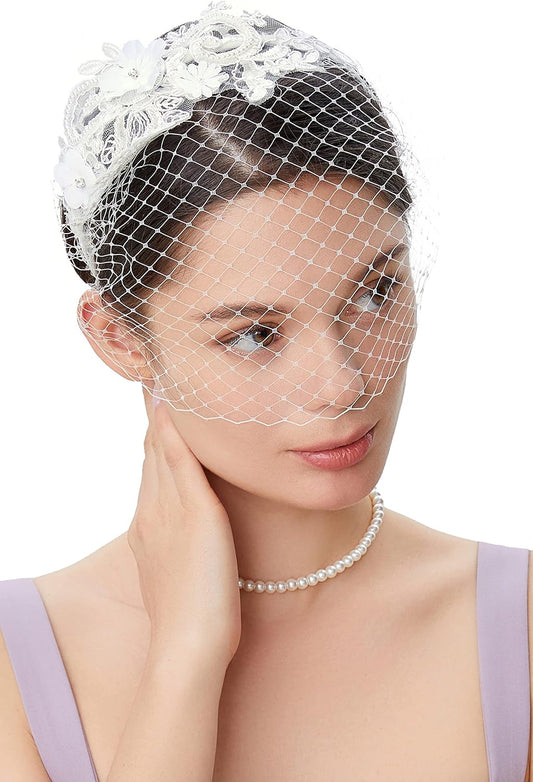 Bridal Wedding Veil Fascinator Mesh Lace Headband Tea Party Flower Fascinator Funeral Hats for Women