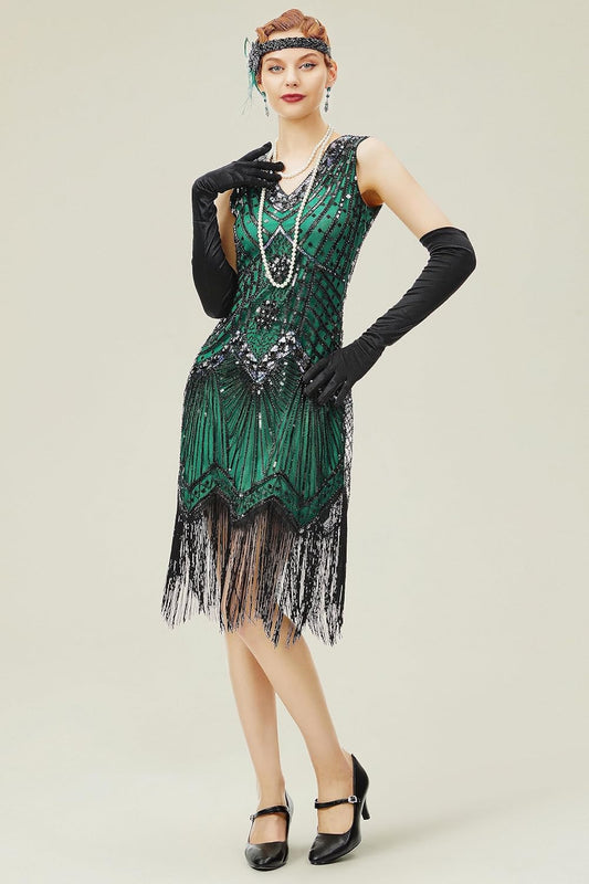 1920s Flapper Dress V Neck Sequin Beaded Dress Roaring 20s Gatsby Fringe Party Dress