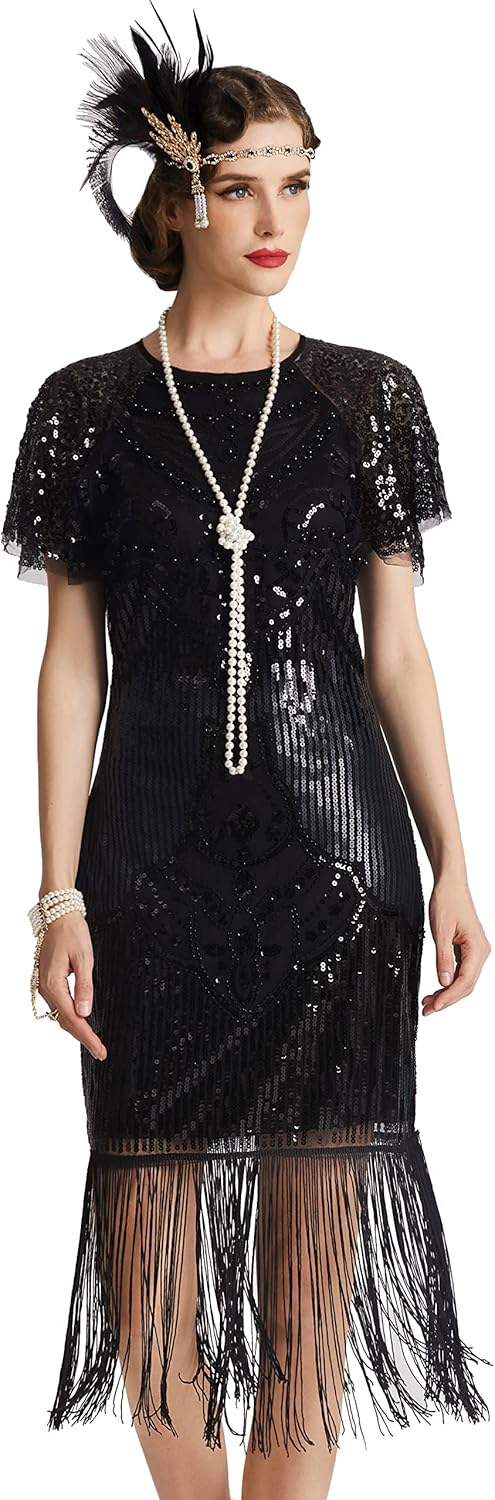 Women's Gatsby Dress 1920s Flapper Short Dress Sequin Beaded Fringe Dress for Party