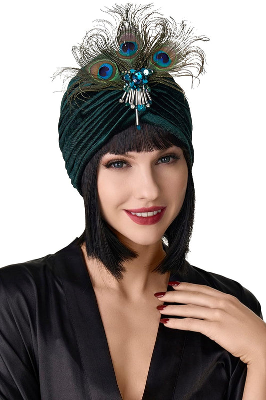 Gatsby Turban Hat Vintage 1920s Head Wrap Knit Pleated Turban 20s Cap (Dark Green)