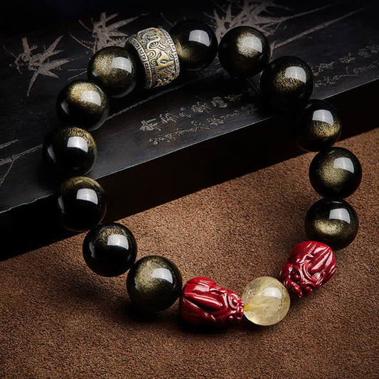 Spirituality Buddha Karma Gold Sheen Obsidian PiXiu Cinnabar Om Mani Padme Hum Protection Bracelet