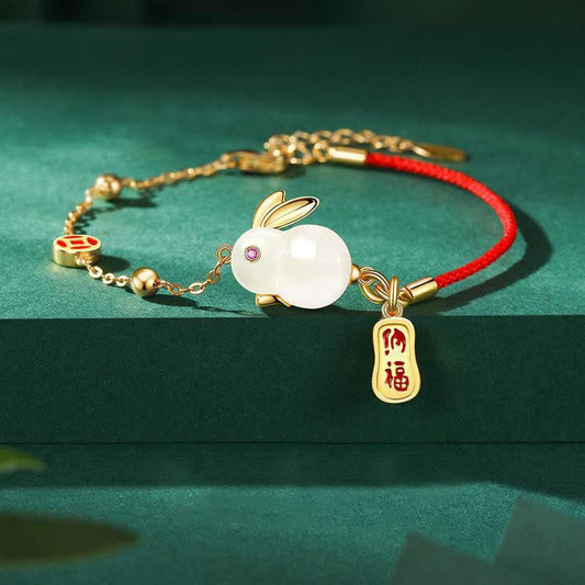 Jade  Year of the Rabbit White Jade Happiness Red String Chain Bracelet