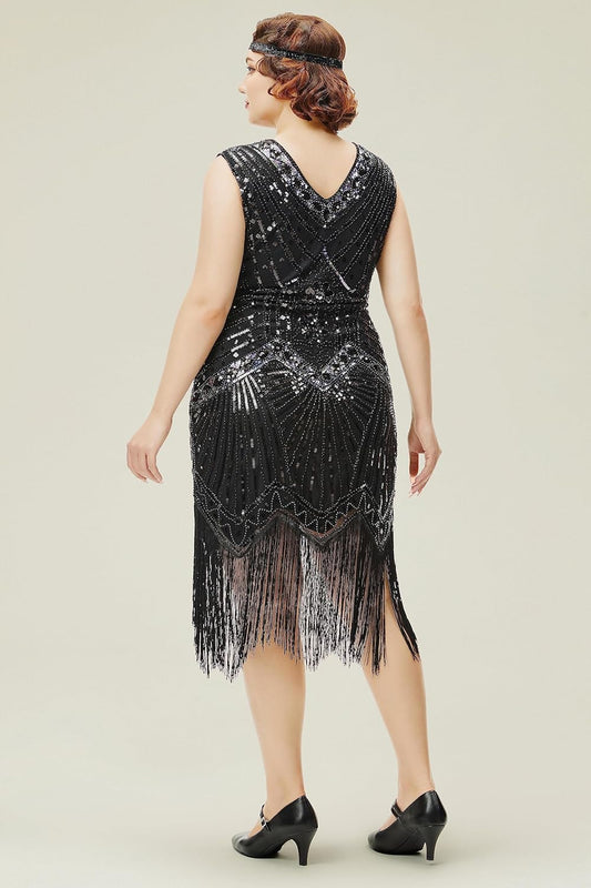 Women's Plus Size Flapper Dresses 1920s V Neck Beaded Fringed Great Gatsby Dress