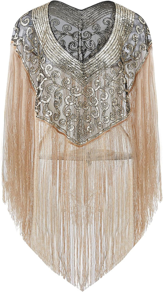 1920s Shawl Wraps Long Fringed Evening Cape Sequin Beaded Party Shawl