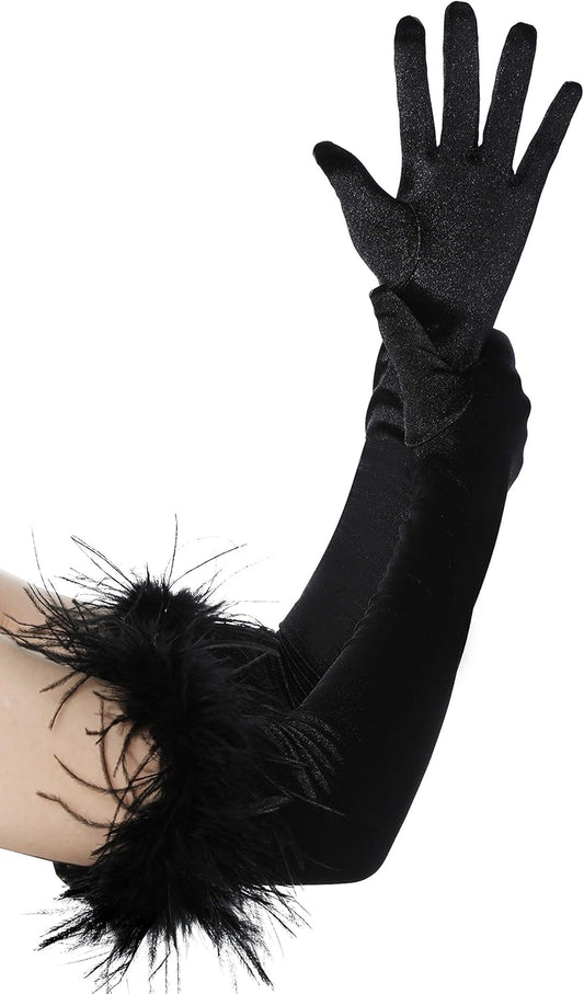 Long Satin Opera Gloves - Pageant Feather Gloves 1920s Stretchy Elbow Gloves for Halloween Costume Evening Party