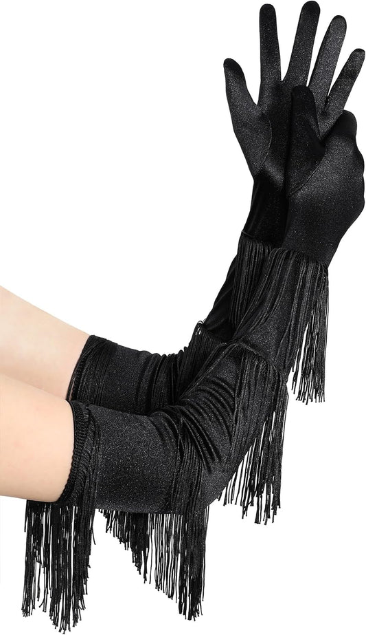 Long Opera Party Gloves - Vintage Satin Fringe Elbow Length Gloves 1920s Accessories for Women