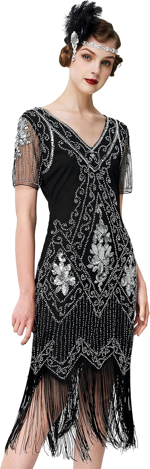 1920s Art Deco Fringed Sequin Dress Roaring 20s Flapper Fancy Dress