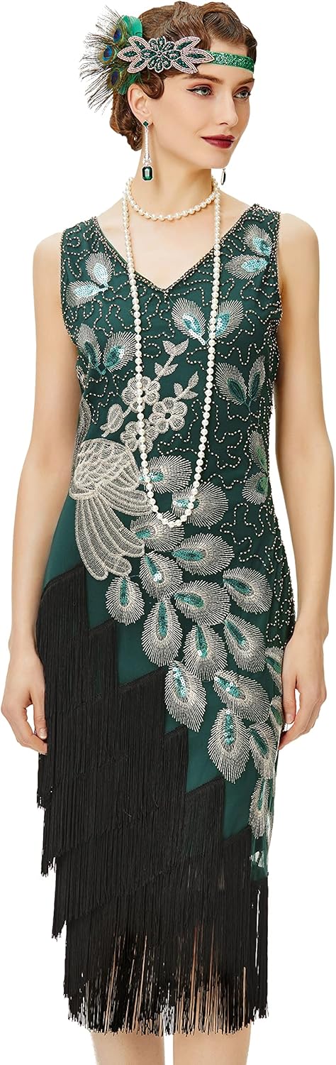 1920s Vintage Peacock Sequined Dress Gatsby Fringed Flapper Dress Roaring 20s Party Dress