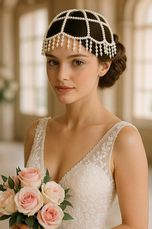 1920s Pearl Flapper Cap Headpiece Roaring 20s Gatsby Pearl Head Chain Wedding
