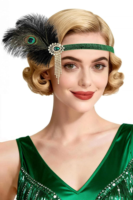 1920s Flapper Headband for Women, Peacock Feather Rhinestone Gatsby Headpiece, Vintage Great Gatsby Costume Accessory, Green
