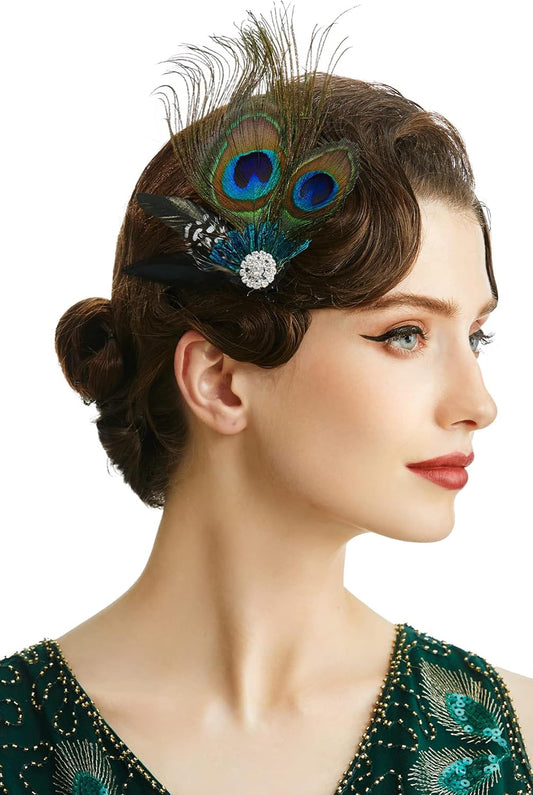 Hair Clip Peacock Feather with Rhinestones, 1920s Peacock Flapper Fascinator, One Size Fits Most