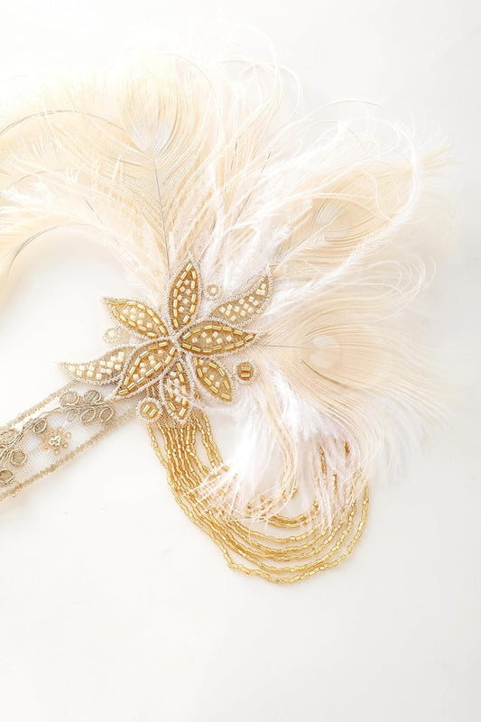 Flapper Headpiece for Women - 1920s Headband Roaring 20s Gatsby Accessories Peacock Feather Tassel Chain(Beige)