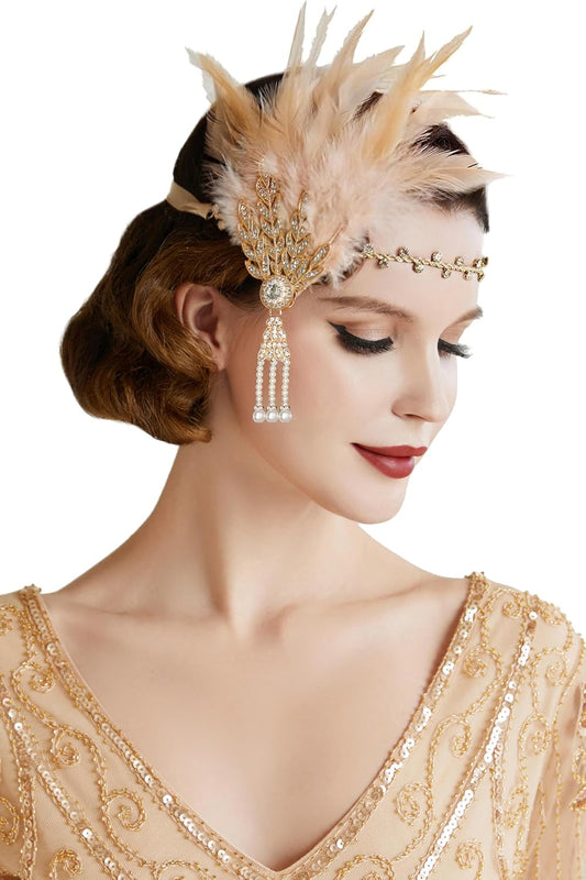 Art Deco 1920's Flapper Great Gatsby Inspired Leaf Medallion Pearl Headband Black Feather