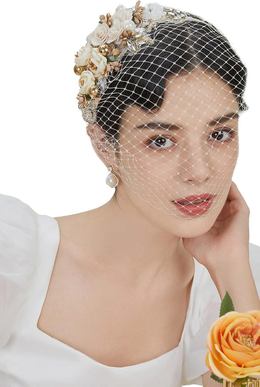 1920s Fascinator Mesh Flower Pearl Veil Headband Bridal Wedding Tea Party Fascinator Veil for Women