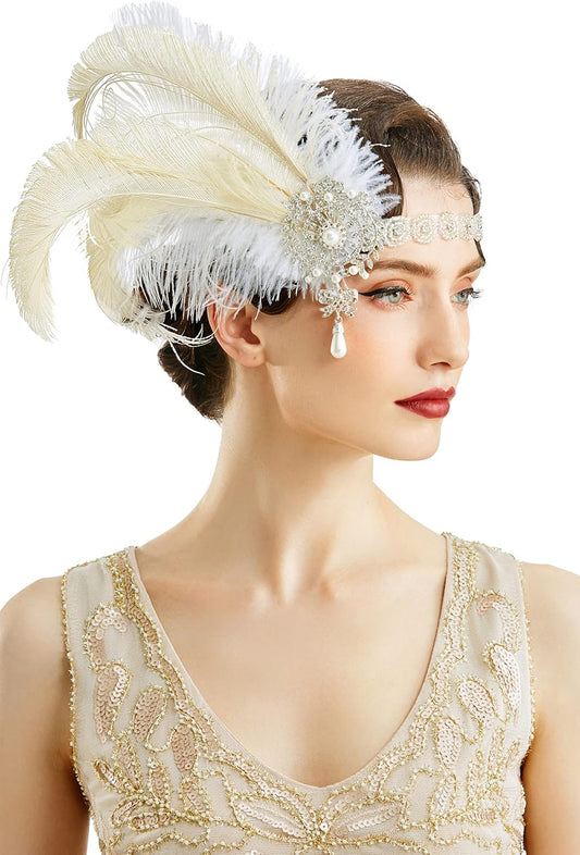 1920s Flapper Headband Vintage Wedding Feather Headpiece 20s Great Gatsby Hair Accessories with Pearl