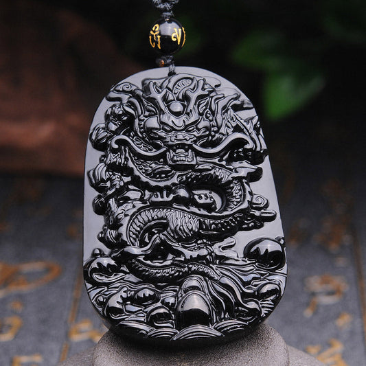 Spirituality Buddha Karma Black Obsidian Stone Dragon Fulfilment Pendant Necklace