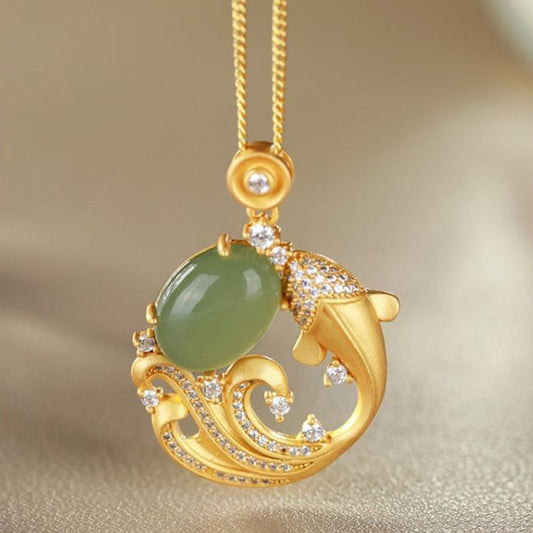 Jade  Cyan Jade Koi Fish Healing Calm Necklace Pendant