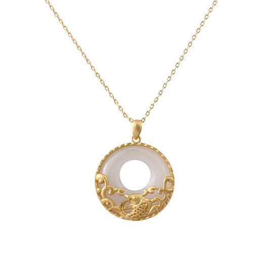 Jade  White Jade Koi Fish Titanium Steel Prosperity Necklace Pendant