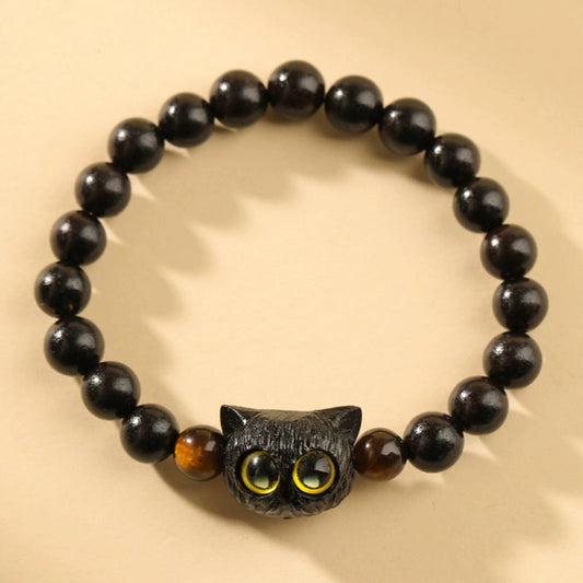 Ancient Tibetan Buddhist Red String Tradition  Cute Ebony Wood Cat Head Pattern Peace Bracelet