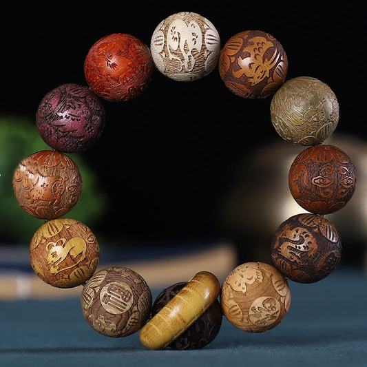 Spirituality Chinese Zodiac Rosewood Green Sandalwood Ebony Wood Copper Coin Carved Calm Bracelet