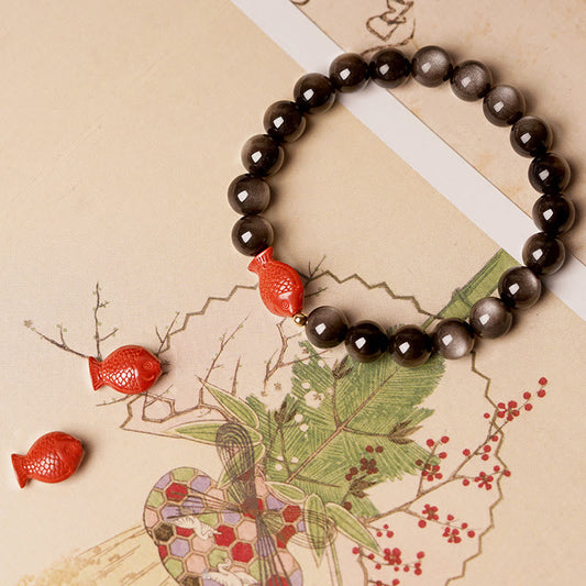 Spirituality Buddha Karma Natural Silver Sheen Obsidian Cinnabar Koi Fish Soothing Protection Bracelet