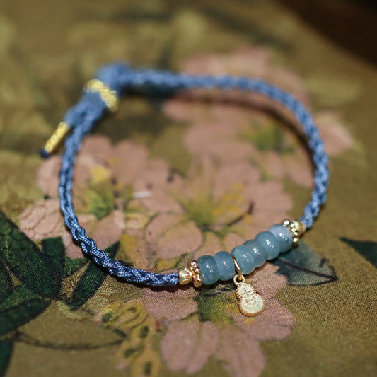Jade  925 Sterling Silver Natural Jade Gourd Rutilated Quartz Fu Character Luck Braid Bracelet