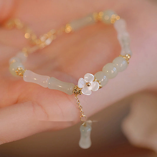Jade  14K Gold Plated Natural Hetian Jade Flower Bamboo Pattern Luck Chain Bracelet
