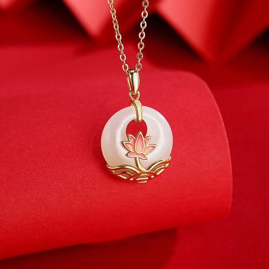 Jade  925 Sterling Silver Hetian White Jade Lotus Flower Blessing Necklace Pendant