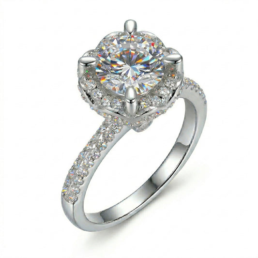 1ct D Color Moissanite Ring 14K White Gold Plated Silver Hidden Heart-to-Heart