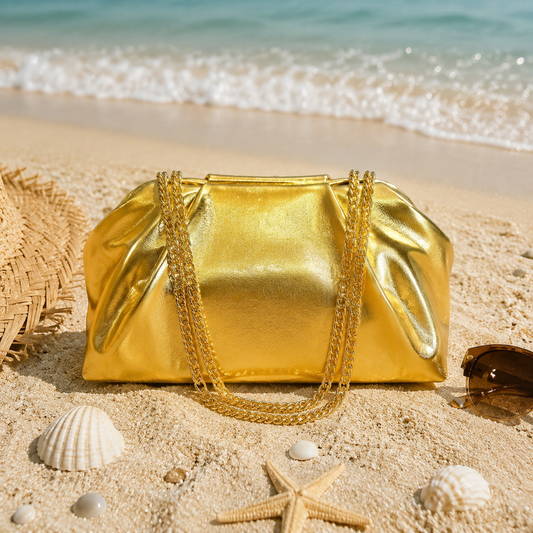 Metallic Ruched Chain Shoulder Bag for Women – Elegant Evening Clutch & Crossbody Bag, Chic Everyday & Work Style