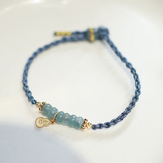 Jade  925 Sterling Silver Natural Jade Gourd Rutilated Quartz Fu Character Luck Braid Bracelet
