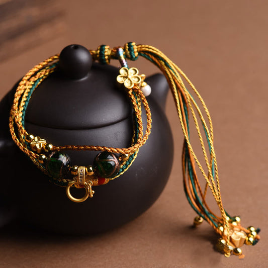 Ancient Tibetan Buddhist Red String Tradition  Tibetan Handmade Rope Liuli Glass Bead Braided Multilayered Healing Bracelet