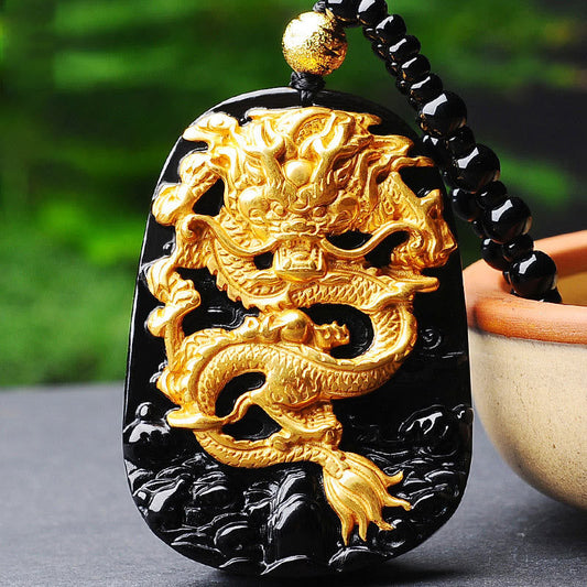 Spirituality Buddha Karma 18k Gold-plated Dragon Obsidian Lucky Pendant Necklace