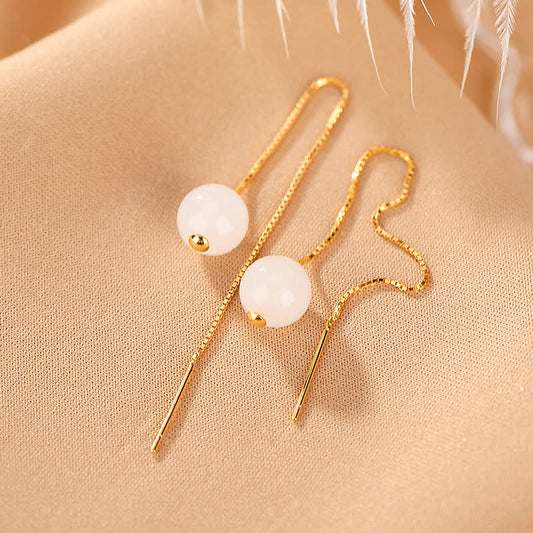 Jade  925 Sterling Silver White Jade Beaded Happiness Drop Earrings